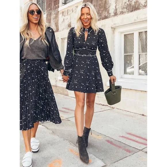 Parker Kaylin Black Heart Print Long Sleeve Dress 00 - Picture 2 of 9